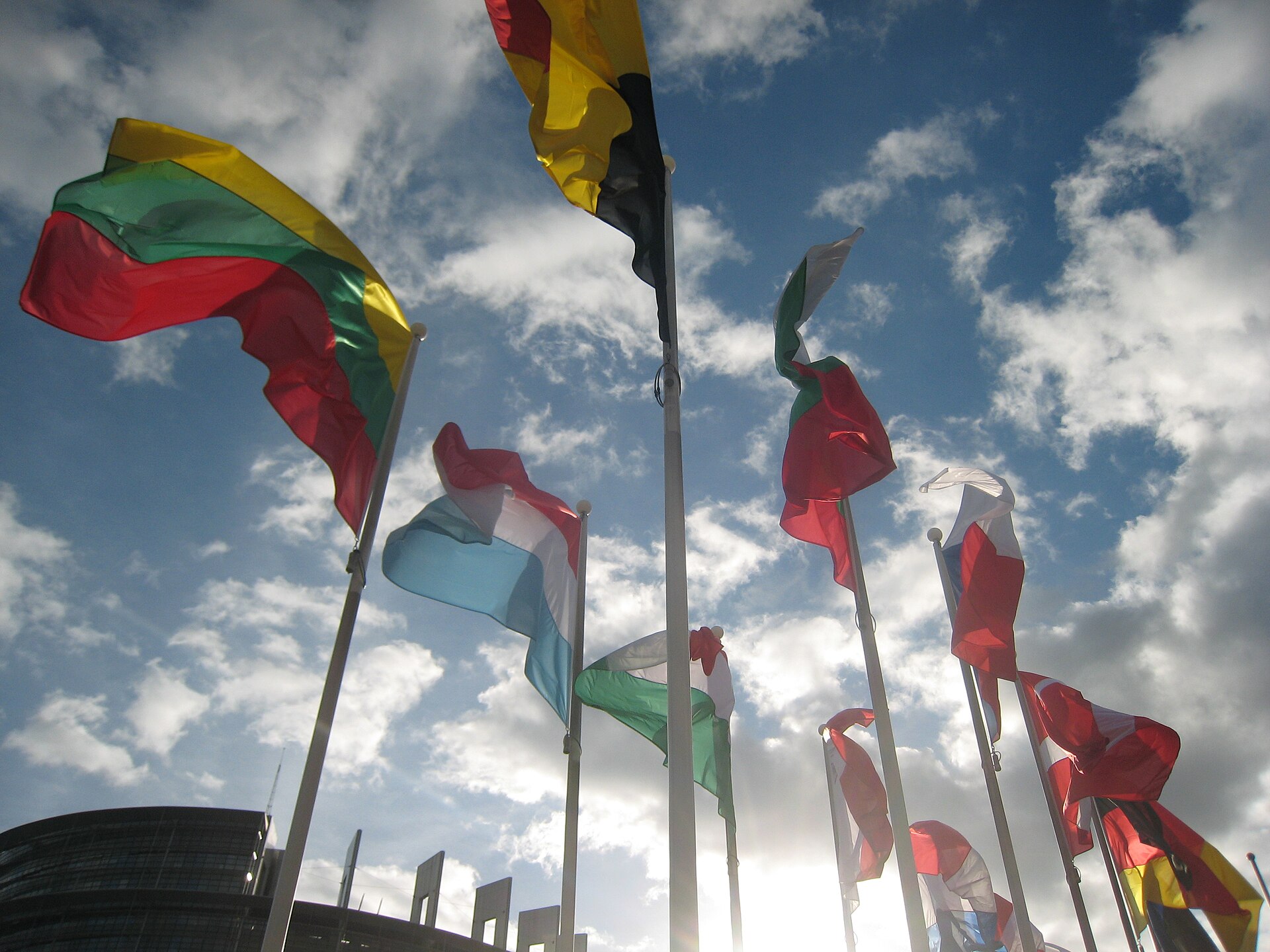 European Parliament building in Strasbourg with EU flags